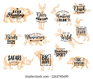 Hunting club lettering, wild birds and animals hunt sketch icons. Vector hunter open season and African safari hunt calligraphy design of bear, deer or gazelle, rhinoceros or elk and cheetah