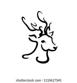 Hunting Club Logo Deer Head and Horns Silhouette Isolated On White Background. 