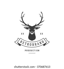 Hunting Club Logo Template. Deer Head and Horns Silhouette Isolated On White Background. Vector object for Labels, Badges, Logos and other Design. Deer Logo, Hunter Logo, Deer Hunting, Retro logo.