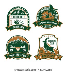 Hunting club shields set. Vector hunt sports label emblems with animals, elk, mountain goat, birds, ducks, arrows, mountains. Hunter identity design for badge, t-shirt, outfit