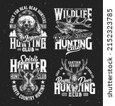 Hunting club tshirt prints, vector sketch mascots for hunting society apparel design. Wild animals royal deer, bear and boar, t shirt prints for hunter outdoor adventure isolated monochrome emblem set