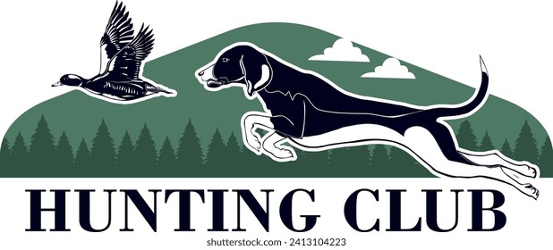 Hunting club vector emblem, badge, label or logo with dog and duck