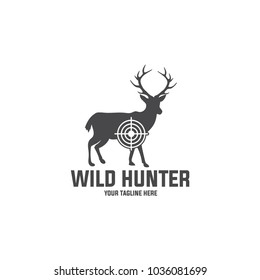 Hunting club vector labels and emblems set. Animal deer, rifle and aim illustration
