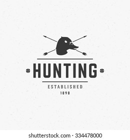 Hunting Club Vintage Logo Template Emblem. Cross Arrows And Duck Head Silhouette. Label Or Badge For Advertising, Hunter Equipment And Other Design. Retro Style Vector Illustration. 