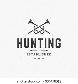 Hunting Club Vintage Logo Template Emblem. Cross Bugle Horns Silhouette. Label Or Badge For Advertising, Hunter Equipment And Other Design. Retro Style Vector Illustration. 