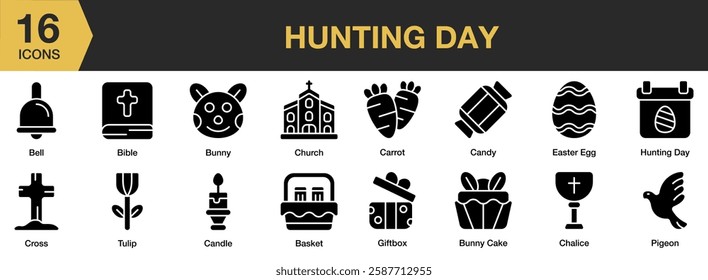 Hunting Day solid icon set. Includes day, hunt, spring, cute, celebration, rabbit, and More. Solid icons vector collection.