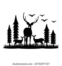 Hunting Deer Family Silhouette in Forest Landscape with Large Antlers, Pine Trees, Grass and Birds