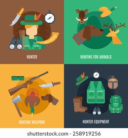 Hunting design concept set with hunter equipment animals and weapons flat icons isolated vector illustration