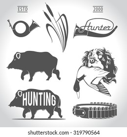 Hunting, design elements. Boar, wild duck, bandolier, hunting dog with duck in his mouth, hunting horn, reeds.