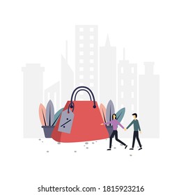 Hunting for discount bags flat illustration.Vector design template.Suitable for landing page, ui, website, mobile app, editorial, poster, flyer, article, and banner.