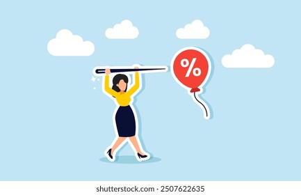 Hunting for discounts, competing for price cuts or special promotions concept of A businesswoman holding a needle, ready to pop or hunt for discount balloons or special price offers