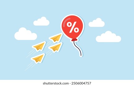 Hunting for discounts, special prices, competing to get the best deals concept of Several paper planes soaring swiftly and sharply toward a discount balloon