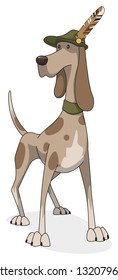 Hunting dog character with a hat, isolated on white, vector illustration