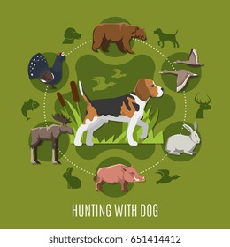 Hunting with dog concept with bear hare birds and elk flat vector illustration