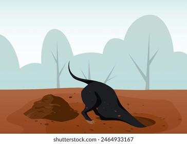 Hunting dog digging a ground pit. Hole in soil and heap of dirt. Vector illustration in cartoon style.