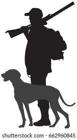 Hunting Dog And Hunter With The Gun Vector Silhouette, Weimaraner Gundog Breed Illustration