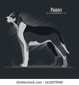 hunting dog stands on a black background, style, exposure, breed, logo, vector illustration