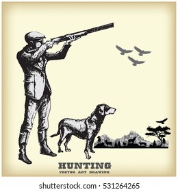 Hunting with dog.Hand drawn vector.