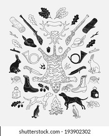 Hunting. Doodle. Vintage decor elements.