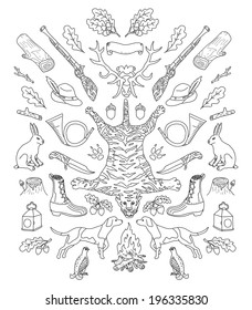 Hunting. Doodle. Vintage decor elements.