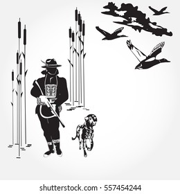 Hunting ducks concept vector illustration. Black and white hunter with hunting dog and ducks isolated. Flat style design elements.