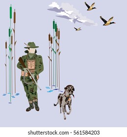 Hunting ducks concept vector illustration. Hunter with hunting dog and flying ducks isolated. Flat style design elements.