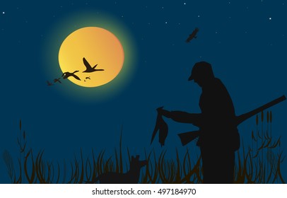 Hunting for ducks, geese at sunset .Vector