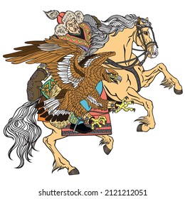 Hunting with an eagle on a horse. Kazakh nomad hunter wearing a fur jacket, hat and skin gloves and sitting on pony horseback in the gallop. Traditional falconry in the Eurasian Steppe. Illustration