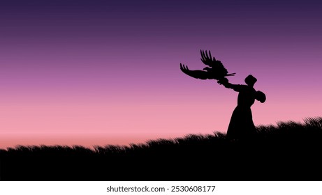 hunting with eagle,flat color illustration