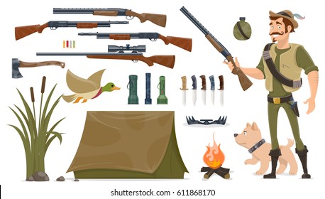 Hunting elements set with hunter dog trap weapons knives axe duck tent bonfire reeds plant flashlights isolated vector illustration