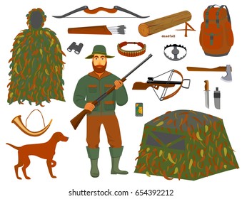 Hunting the elements set: a hunter with a gun,  crossbow,  bow and arrows,  camouflage,  dog, trap, backpack, knife, binoculars, axe.