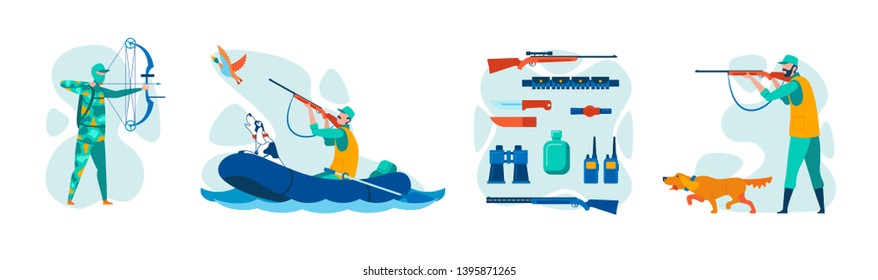 Hunting Equipment And Ammunition Flat Vector Set Isolated On White Background. Hunter In Camouflage Uniform Aiming With Compound Bow And Rifle, Hunting Duck From Inflatable Boat With Dog Illustration