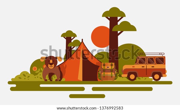 Hunting\
equipment banner vector illustration. Hunter accessories such as\
camping tent, rucksack with tools, dog and car or vehicle in nature\
with plants as trees, flowers, bushes.\
Sunset.