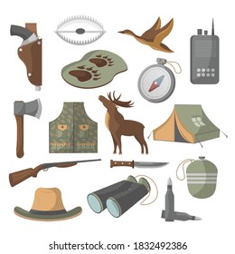 Hunting Equipment. Cartoon Hunting Tackle, Weapon, Tent, Clothes Appearance And Survival Gear Equipment Kit. Vector Item Isolated Set On White Illustration. Fowling And Deer-stalking Concept