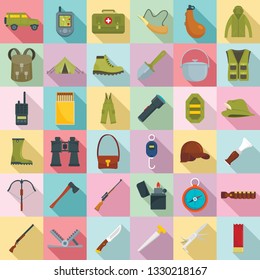 Hunting equipment icons set. Flat set of hunting equipment vector icons for web design