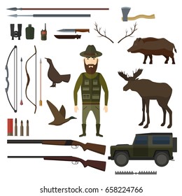 Hunting equipment kit with a character. Vector Illustration