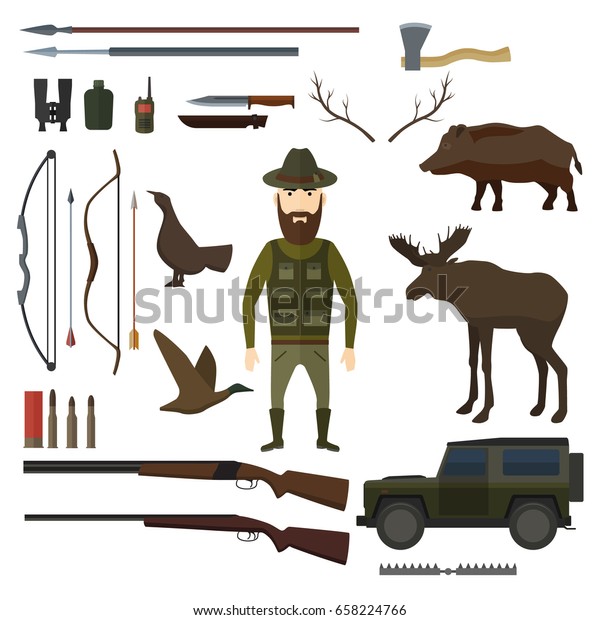 Hunting equipment kit with a character.\
Vector Illustration