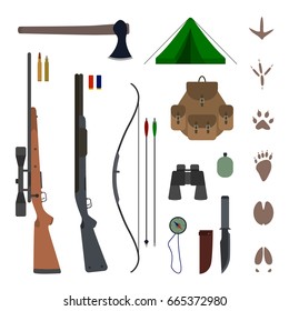 Hunting equipment kit flat vector illustration isolated on white background. Set of hunting elements for icons and concepts - traces, rifle, shotgun, backpack, hunter bow, ax, knife, flask, compass. 
