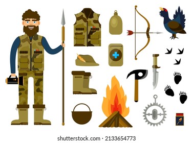 Hunting equipment rest hunter camouflage woodland flat set. Cartoon character goods for forest hobby active sport wild adventure nature. Miscellaneous weapon trap clothes vector illustration isolated