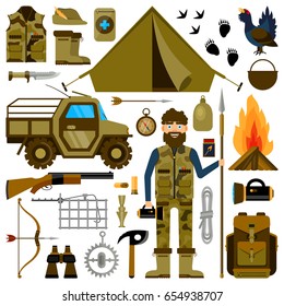 Hunting equipment set in flat style isolated on white background. Items for hunting and recreation in the forest. Miscellaneous weapons, traps, clothing and equipment