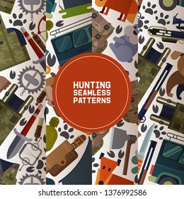 Hunting equipment set of seamless patterns vector illustration. Hunter accessories such as car, rifle gun and carbine with arbalest crossbow, trap for wild animals, knife, axe.