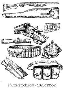 Hunting equipment set. Vector ink hand drawn illustration isolated on white background.