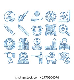 Hunting Equipment Sketch Icon Vector. Hand Drawn Blue Doodle Line Art Hunting Gun And Knife, Bullet And Trap, Dog And Deer, Photo Camera And Magnifier Illustrations