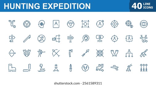 Hunting expedition icons. Contains related to wild, pack, binocular, tent, box, outdoor, hunt and more. Minimalistic icons. Editable vector icon and illustration.