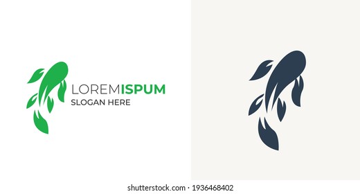 Hunting fish and leaf minimal logo design vector template. Hunting leaf logo for t shirt