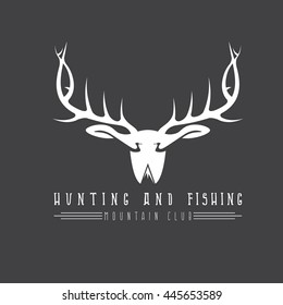 hunting and fishing mountain club emblem with duck deer and fish