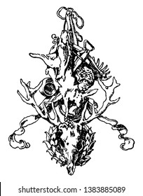 Hunting and Fishing Symbol was designed by Stuck of Munich, it have served as status symbols for those interred, vintage line drawing or engraving.