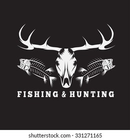 hunting and fishing vintage emblem with skulls of animals