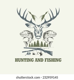 Hunting And Fishing Vintage Emblem Vector Design Template