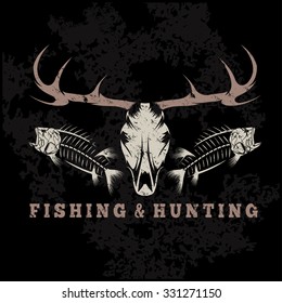 hunting and fishing vintage grunge emblem with skulls of animals